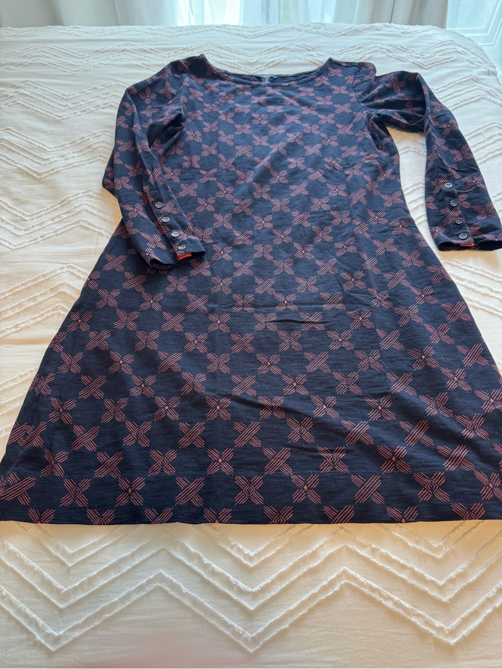 HATLEY Navy Long-Sleeve Dress with Brick Red Geometric Pattern - Size L